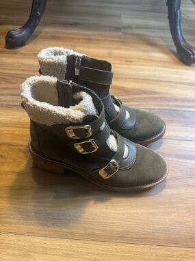 Vince Camuto Olive Green Suede Leather With Shearling-Trim Buckle Booties
